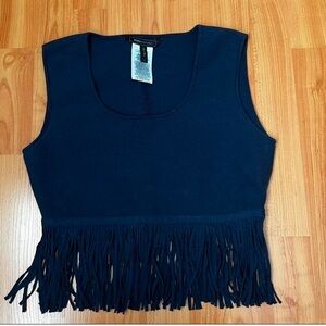 BCBGMaxazria navy blue knit crop top with fringed detail